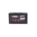 Digital voltmeter with red LEDs and indicator, 12 V, charging 2 x USB 5V2A, 3 digit, 2 wires, black case